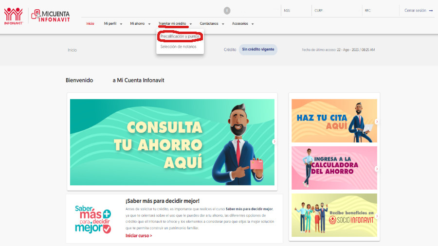 Pantalla de tramitar mi crédito y precalificación en Infonavit