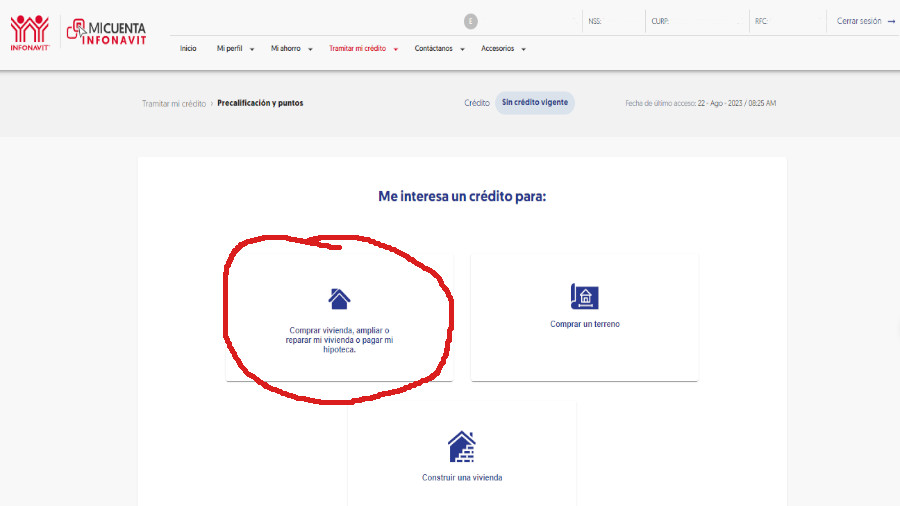 Pantalla de tramitar mi crédito y precalificación en Infonavit