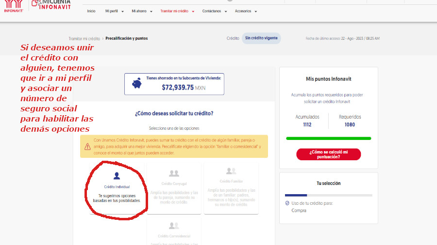 Pantalla de tramitar mi crédito y precalificación en Infonavit